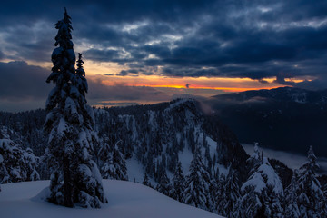 Fototapeta premium Canadian Nature Landscape covered in fresh white Snow during colorful and vibrant winter sunset. Taken in Seymour Mountain, North Vancouver, British Columbia, Canada.
