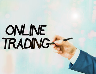 Word writing text Online Trading. Business photo showcasing the buying and selling financial...