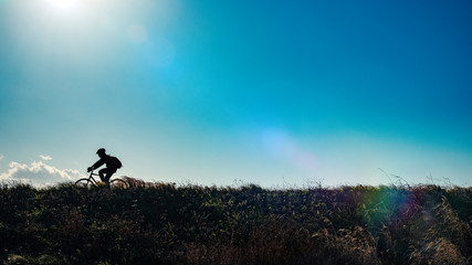 草原を走る自転車のシルエット