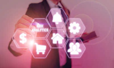 Word writing text Risk Analytics. Business photo showcasing study of underlying uncertainty of a given course of action