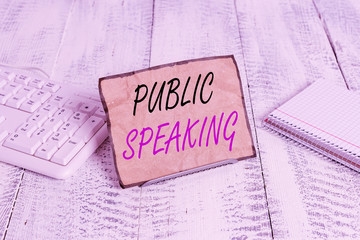 Text sign showing Public Speaking. Business photo showcasing art of effective oral communication...