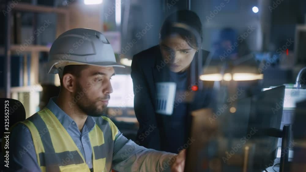Aufkleber modern factory office: female project manager talks to a male industrial engineer who works on compu