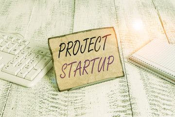Text sign showing Project Startup. Business photo showcasing a project done on the side not setting...