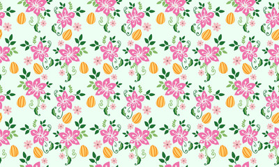 Fototapeta na wymiar Pink rose flower pattern background for Easter, with floral and egg design.