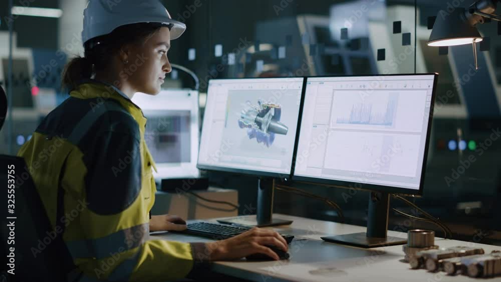 Aufkleber young and confident industrial engineer working on computer, on screen cad software showing eco-frie