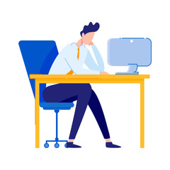 Businessman or Office Worker Sitting at Desk and Working on Computer Flat Cartoon Vector Illustration. Man in Suit at Workplace. Clerk Looking at Screen. Effective Employee, Organized Manager.