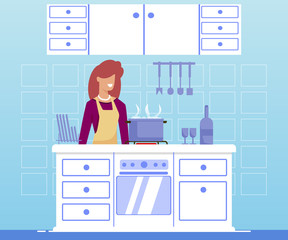 Bright Poster Cooking for Women Cartoon Flat. Banner Close People get Joy Cooking at Home. Beautiful Woman in Elegant Clothes Preparing Festive Dinner in Kitchen. Vector Illustration.