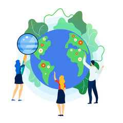 Businessmen Working on International Project. People on Background of Map. Search by Map. Man and Woman Show with Hand on Geographic Map. Teamwork. Vector Illustration. Business Partnership.