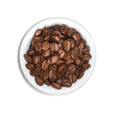 Top View of Roasted Coffee Beans On a Porcelain Container Isolated on White Background