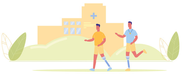 Obraz premium Cartoon Men with Prosthetic Leg Run Vector Illustration. Man with Prosthetic Sport Training. Medical Rehabilitation Center Building. Handicapped Disabled Person Hospital, Clinic Recovery, Rehab