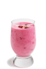 Freshly homemade smoothie of yogurt, oatmeal and cranberries isolated on white background