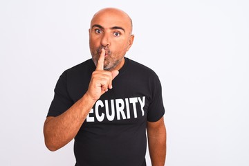 Middle age safeguard man wearing security uniform standing over isolated white background asking to...