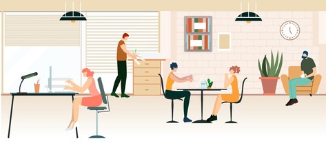 Bright Poster Office Situations Cartoon Flat. Project Management Office Functions. Girls Work at Laptop While Sitting at Table In Office. Communication and Discussion. Vector Illustration.