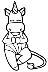 Jpeg illustration. Hand drawing cartoon unicorn. Unicorn doing yoga. Rainbow swimsuit. Coloring page. Isolated on white. Cute character. The original print.