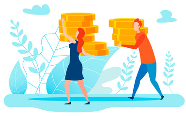 Big Income, Money Metaphor Flat Vector Illustration. Cartoon Couple Carrying Golden Coins, Family Earnings. Finance Experts, Bankers, Brokers, Financiers Having Huge Profit Flat Characters