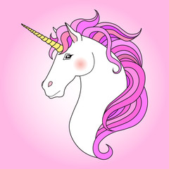 Pink unicorn on light background, vector illustration.