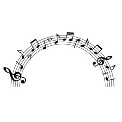 Music notes rainbow, half of circle with music notes, vector illustration.