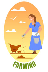 Farming Banner. Young Woman in Working Robe with Bucket Feeding Chicken. Girl Care of Fowl on Farm, Farmer Character at Work, Agriculture Production, Poultry Industry. Cartoon Flat Vector Illustration
