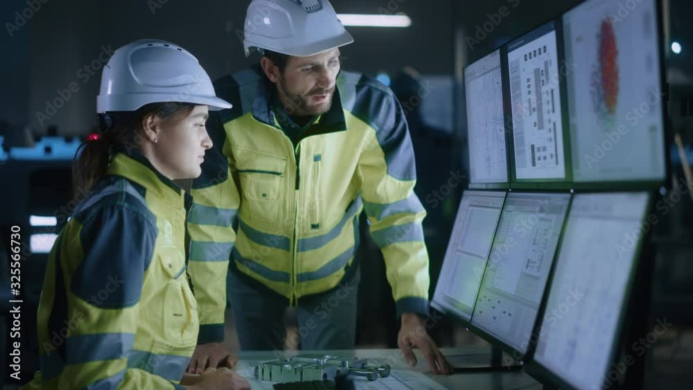 Poster Industry 4.0 Modern Factory: Project Engineer Talks to Female Operator who Controls Facility Production Line, Uses Computer with Screens Showing AI, Machine Learning Enhanced Assembly Process