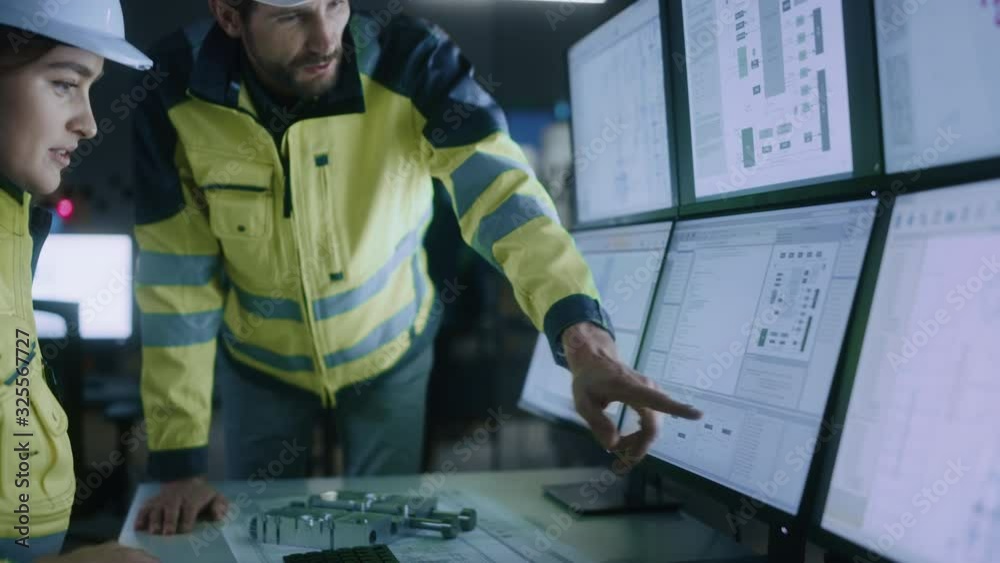 Poster Industry 4.0 Modern Factory: Project Engineer Talks to Female Operator who Controls Facility Production Line, Uses Computer with Screens Showing AI, Machine Learning Enhanced Assembly Process