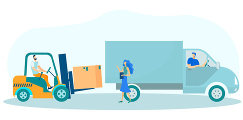 Logistics Concept Flat Cartoon Vector Illustration. Storehouse Worker on Loader Truck Pallet with Parcels Shipping Boxes for Delivery into Lorry. Woman Character Checking Loading or Shipment.