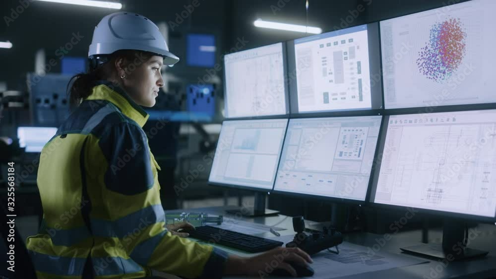 Poster Industry 4.0 Modern Factory: Female Facility Operator Controls Workshop Production Line, Uses Computer with Screens Showing Complex UI of Machine Operation Processes, Controllers, Machinery Blueprints
