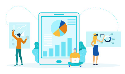 People Analyzing Charts Flat Vector Illustration. Financial Analysts Team Cartoon Characters. Corporate Data Analysis, Business Statistics Research. Colleagues Work in Futuristic VR, AR Headsets
