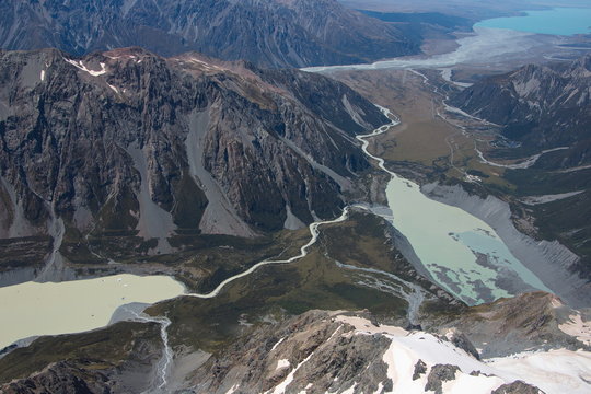 Aerial view of Hooker Lake,Mueller Glacial Lake and Lake Pukaki in Mount Cook National Park on South Island of New Zealand © kstipek