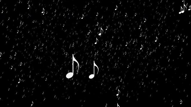 Abstract art audio composition pattern of music notes falling and raining on a black background