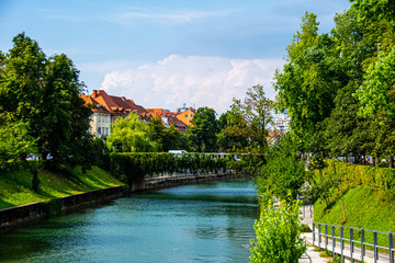 Fototapeta premium Bridge over the river Ljubljanica in Ljubljana capital city of Slovenia