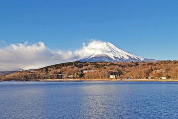 Lake, sky and Fuji mountain with snow in Japan countryside