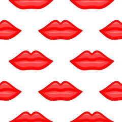 Closeup beautiful lips seamless pattern. Cosmetics and makeup of woman with red lipstick and gloss. Vector illustration isolated on white background.