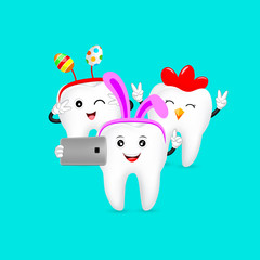 Funny cartoon Easter tooth character taking selfie by mobile phone. Dental care concept. Illustration isolated on blue background.