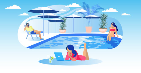 Woman with Laptop and Cocktail Lies on Pool Background. People Relaxing by Pool. Coworking Center. Vector Illustration. Time Rest. Outdoor Swimming Pool. Man Sits on Chair. Woman in Red Swimsuit.