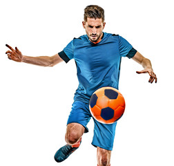 young soccer player man isolated white background standing