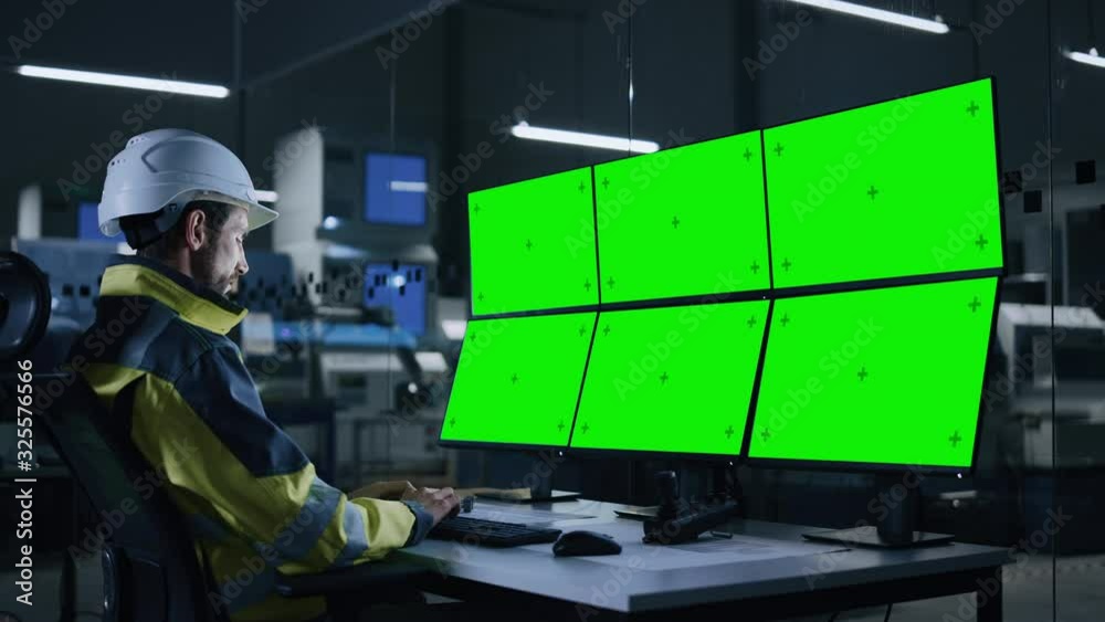 Leinwandbilder Industry 4.0 Modern Factory: Handsome Male Operator Controls Facility, Uses Computer with Multiple Chroma Key / Green Screen Displays. In Background Dark Automated Electronics Producing Facility