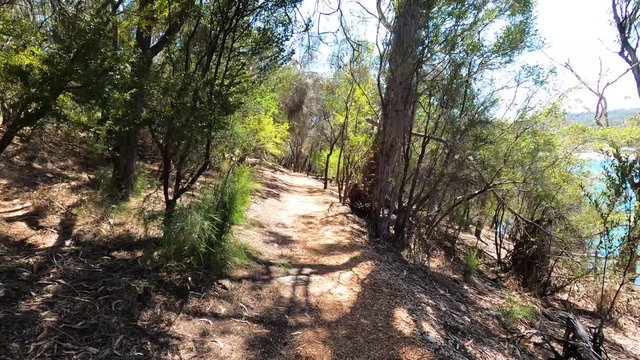 rugged bush walking track and its view of the natural landscape at Boronia beach in Hobart, Tasmania