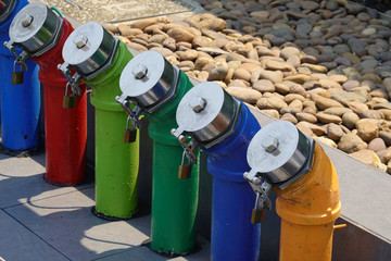 Oil distribution pipe in service station. Colorful pipe for classify of fuel.