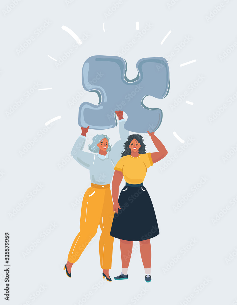 Poster two woman stay together and hold puzzle above.