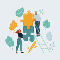 Man and woman fit pieces of puzzle to each other