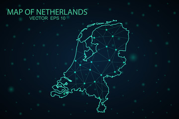 Map of Netherlands. Wire frame 3D mesh polygonal network line, design sphere, dot and structure. communications map of Netherlands. Vector Illustration EPS10.