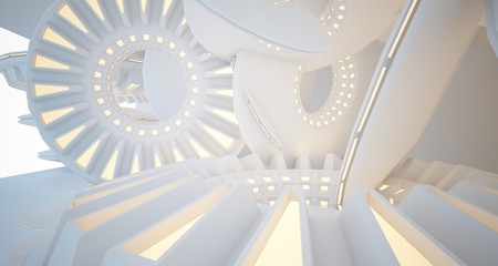 Abstract architectural background, white interior with discs.Neon lighting. 3D illustration and rendering.