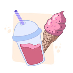 Drink and ice cream. Vector color sketch in cartoon style. Illustration of fast food.
