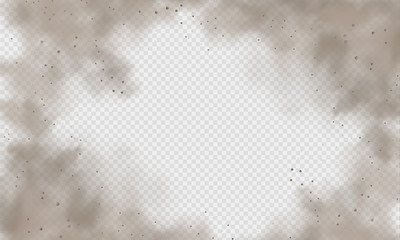 Dust cloud, sand storm, powder spray on transparent background. Desert wind with cloud of dust and sand. Realistic vector illustration.