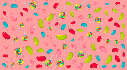 Seamless background pattern with jelly beans and lollipops