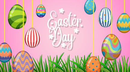 Poster design for easter with decorated eggs in the garden