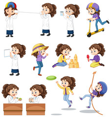 Set of girl doing different activities on white background