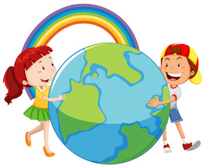 Big globe with two happy kids hugging it