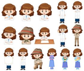 Set of girl in different costumes doing many actions