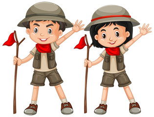 Boy and girl in safari outfit on white background